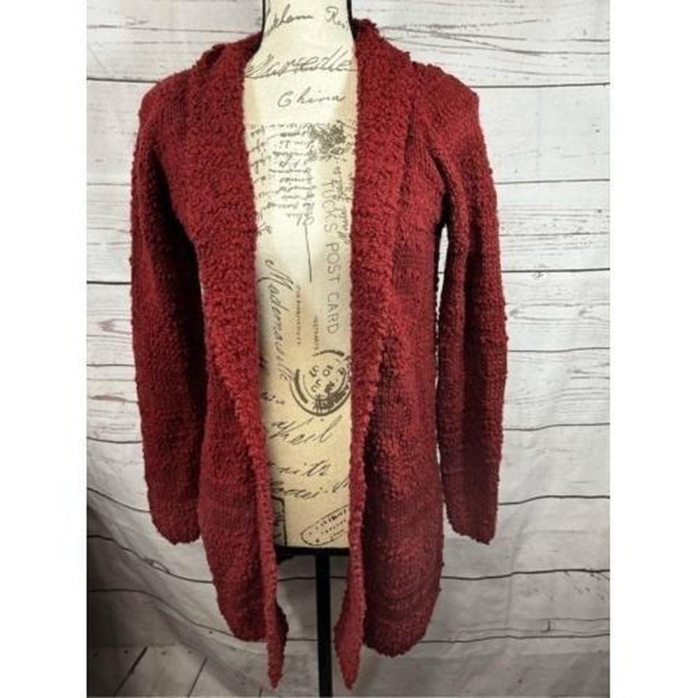 Mesh Lace Burgundy Textured Open Front Long Sleeve Cardigan Sweater Women Medium